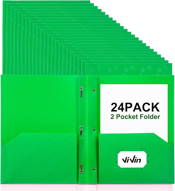 ViVin Plastic Folders with Pockets and Prongs,24 Pack,Heavy Duty 2-Pocket File Folder with 3 Fasteners,Fits Letter Size Paper,for School Home and Office(Bight Green)
