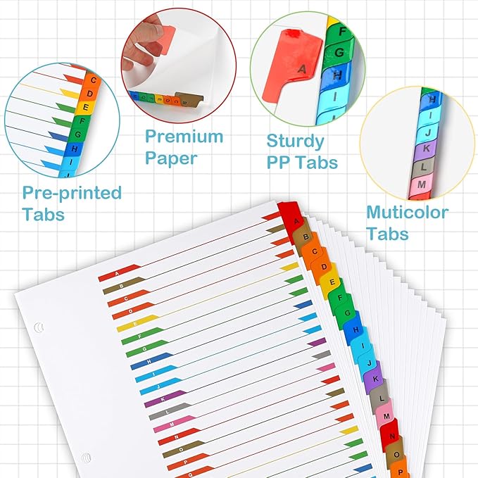 Alphabet Binder Dividers for 3 Ring Binder, COIDEA A-Z Dividers for 3 Ring Binder, Multicolor A-Z Binder Dividers with Customizable Table of Contents Page, ABC Alphabet Tabs for School Office (104)