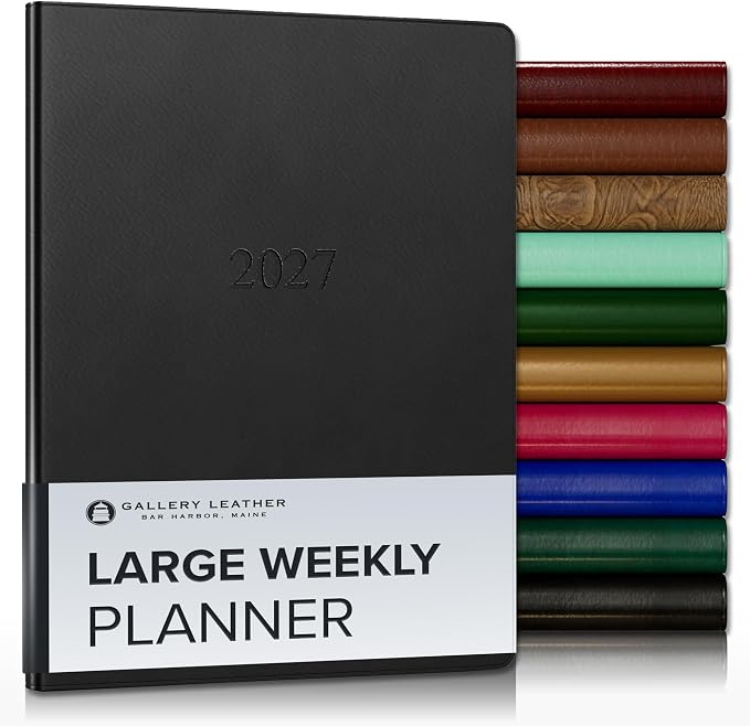 Gallery Leather Large Weekly Monthly Planner 2027, Elegantly Bound Calendar Planner and Notebook with Stylish Gold-Gilded Page Edges, 12 Months - Freeport Black - 9.75x7.5"