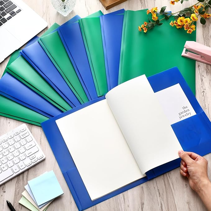 Cholemy 72 Packs Pocket Folders with Prongs Heavy Duty Plastic Folder with Business Card Slot 3 Prong Fasteners for School Office (Blue,Green)