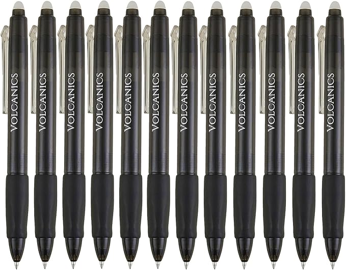 Volcanics Retractable Erasable Gel Pens Soft Black 12 Pack, 0.7mm Click Erasable Gel Ink Pens for Smooth Writing & Easy Erasing, Refillable Erasable Click Pens for School Office Supplies