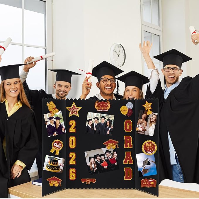 AmazingSpark 4 Sets Graduation Photo Display Board Trifold Poster Board with 12 Graduation Themed Stickers for 2026 Grad Party Decoration Picture Collage Frame Supplies (24 x 16,Red Gold)