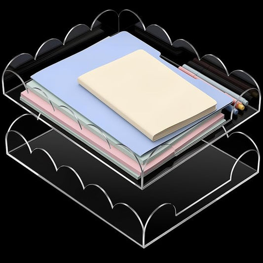 Domensi 2 Pack Scalloped Acrylic Paper Letter Tray, Clear Paper Organizers for Desk, Stackable Aesthetic A4 File Holder Sorter for Home Office Document Mail, Desktop Decor and Accessories Organizer
