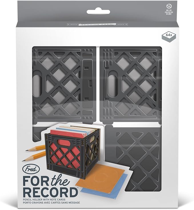 Genuine Fred for THE Record, Milk Crate Notecard Holder, Includes 64 Vinyl-Inspired Note Cards
