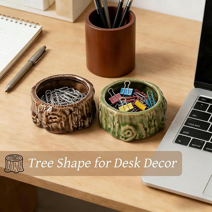Ceramic Paper Clip Holder, 2 Pcs Tree Shaped Binder Clip Box Cute Office Decor Supplies for Desk Organizer (Brown + Green)
