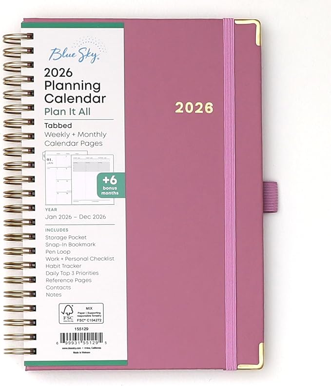 Blue Sky 2026 Weekly and Monthly Planner Calendar, January 2026 - December 2026, 5" x 8", Faux Leather Cover, Durable Twin Wire Binding, Storage Pocket, Laminated Tabs, Includes Pen Loop, Bungee, Ruler, Imperial Rose