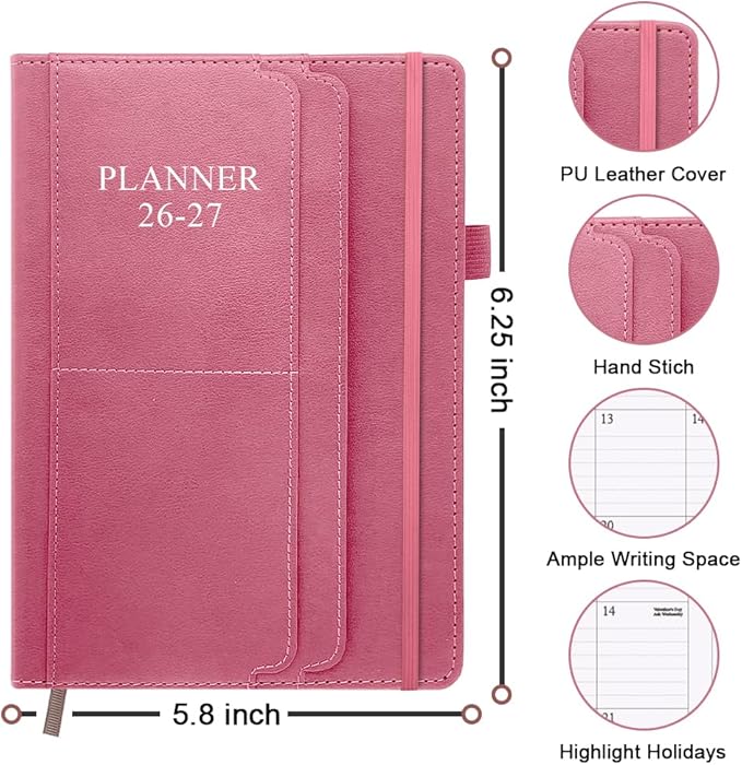 2026-2027 Planner - Weekly & Monthly Planner Runs from July 2026 - December 2027, 5.8" x 8.25", 18 Month Planners, 14 Notes Pages, Inner Pocket, PU Leather Hard Cover, Rose Monthly Planners 2026-2027