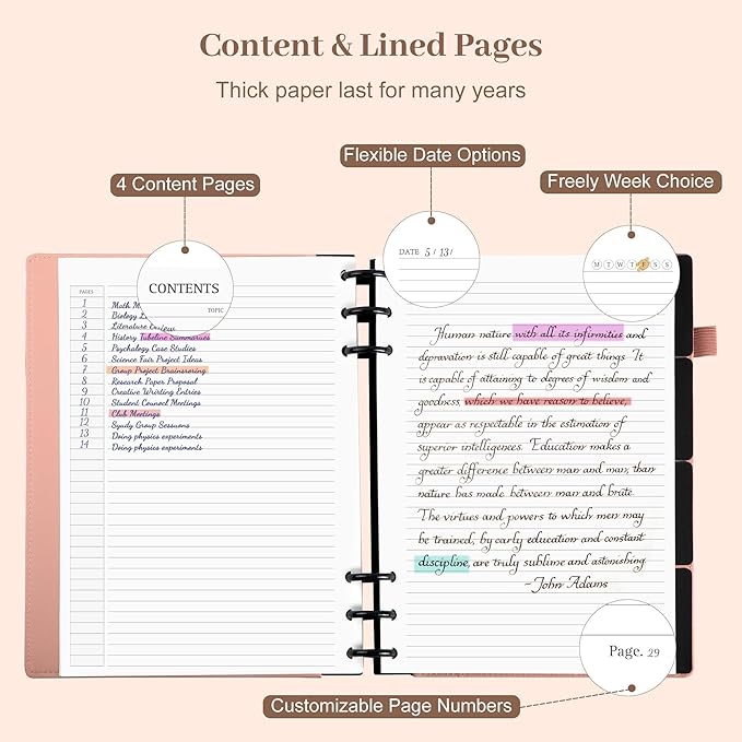 Yoment Refillable Notebooks for Work 5 Subject with Removable Dividers Tabs 224 Pages Hardcover Leather Journals for Writing Small Discbound Planner Colleged Ruled Paper for Women Men 6.1 x 8.3,Pink