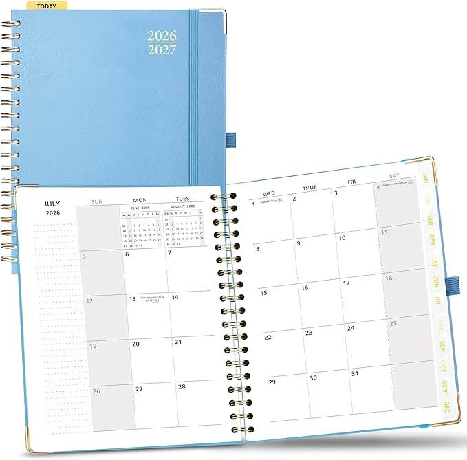 POPRUN Monthly Planner 2026-2027 Spiral Hardcover (8'' x 10''), 18 Months Calendar (Jan.2026-Jun.2027) - 2 Pages per Month with Dotted Note Pages, Sunday Start, Laminated Tab - Haze Blue