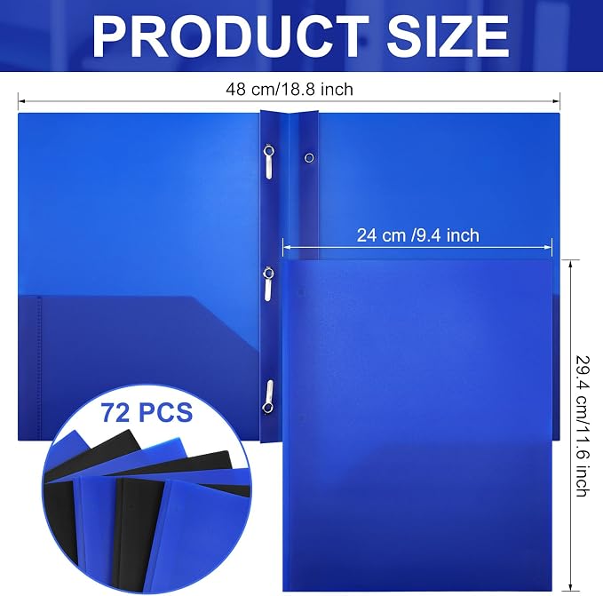 Cholemy 72 Packs Pocket Folders with Prongs Heavy Duty Plastic Folder with Business Card Slot 3 Prong Fasteners for School Office (Black,Blue)