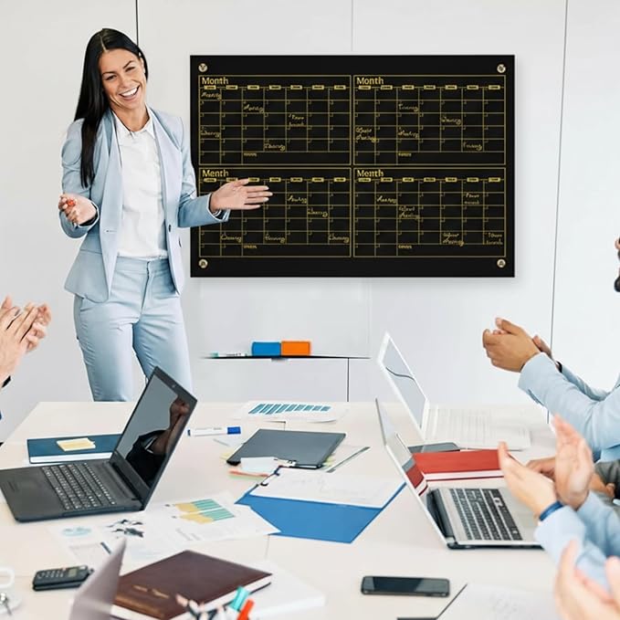 Glass Whiteboard Calendar Dry-Erase White Board Planner Glass Large Wall Mounted Calendar with Marker Tray for Wall Home or Office(Black,36" X 24",4 Month)