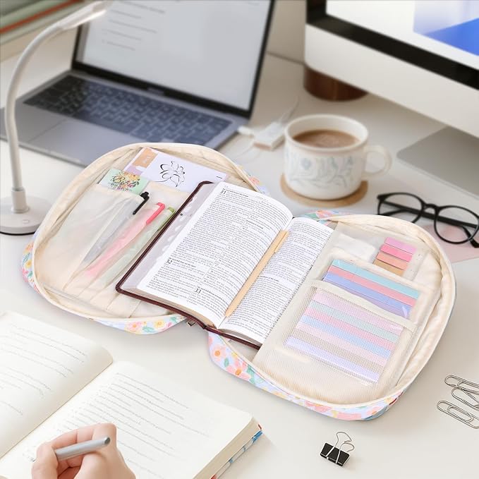 XKDOUS Large Bible Bags Floral Bible Cover with Durable Handle, Tabs, Pens, Study Supplies Carrier Organizer, Church Book Carrying Case Christian Gifts for Mom Women Lady