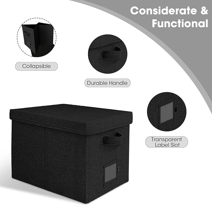 File Organizer Boxes with Lid, Linen Hanging File Storage Boxes with Handle, Collapsible Document Filling Boxes for Letter/Legal Folder, Portable File Box for Office/Decor/Home (2 Pack, Black)
