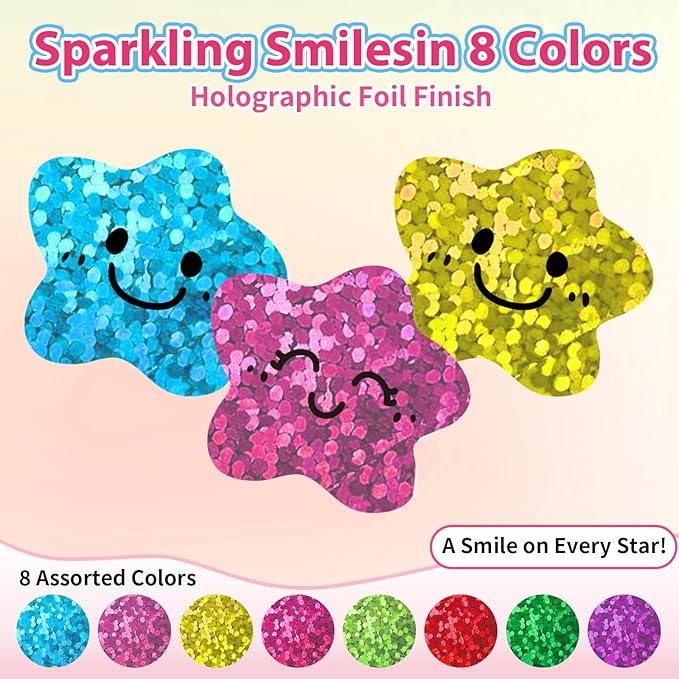 1000Pcs Smiley Face Star Stickers - 1 Inch Cute Glitter Reward Stickers, 8 Colors Sparkly Foil Decals for Kids Behavior, Toddler Potty Training, Teacher Supplies & Journals