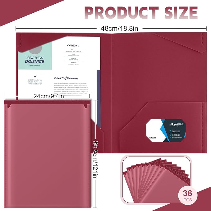 Henoyso 36 Pack Dark Red Plastic Folders with Clear Front Pockets Heavy Duty File Folders with 2 Pockets and Card Slot for Student Communication School Office Presentation Report