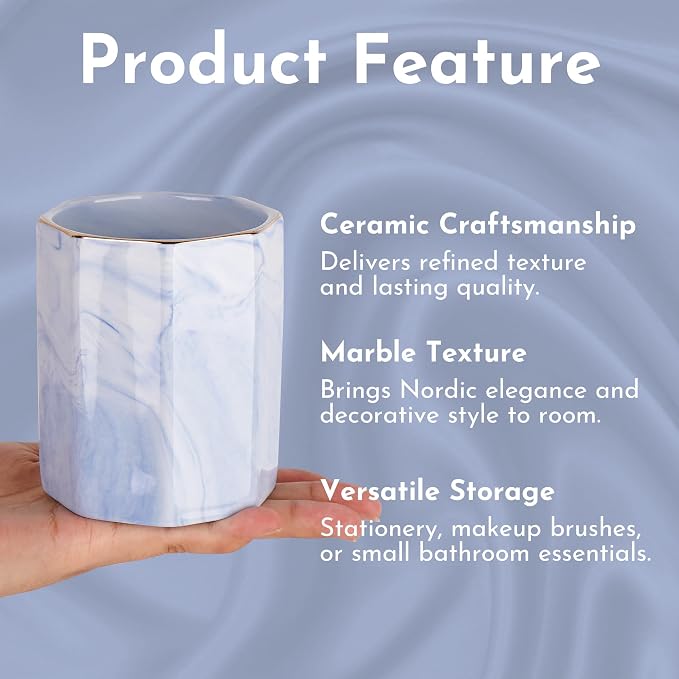 Blue Marble Makeup Brush Holder - Round Ceramic Pencil Container with Gold Rim, Elegant Versatile Organizer for Vanity, Desk, or Bathroom