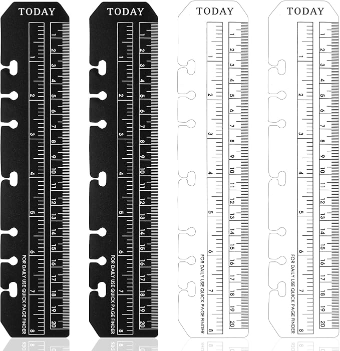 Ymapinc 4PCS Notebook Ruler,Clear A5 6-Ring Binder Ruler with Holes Book Marker & Measuring Tool for Notebooks, 8.7x1.8 Inch, Black & Transparent (Combo Pack)