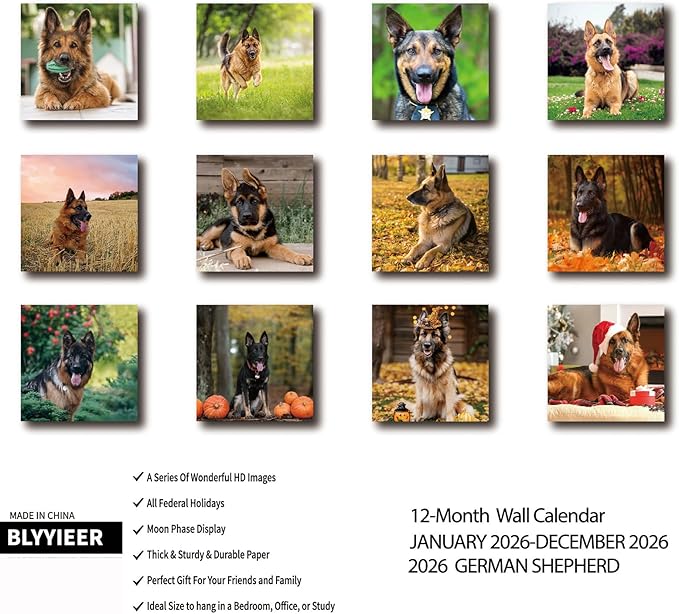 2026 Wall Calendar,GERMAN SHEPHERD Wall Calendar, 12" x 24" Open,Family Planner Calendar Organizer with GERMAN SHEPHERD Images, for Dogs Lovers