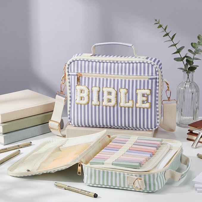 Dansydaisy Bible Cover Case for Women Large Chenille Letter Stripe Church Bible Bag with Shoulder Strap for Women(Dusty Blue)