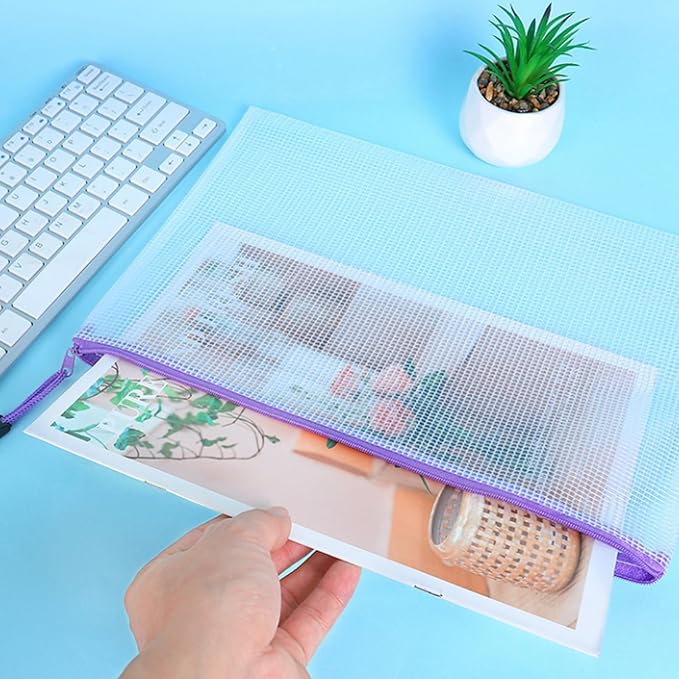64 Pcs A4 Mesh Zipper Pouch Bags, 8 Colors Waterproof Zipper Pouches, 13 x 9.25 Inch Mesh Bags, Plastic Zippered Storage Bags, Bulk Clear File Bag for Office Supplies, Home Organize