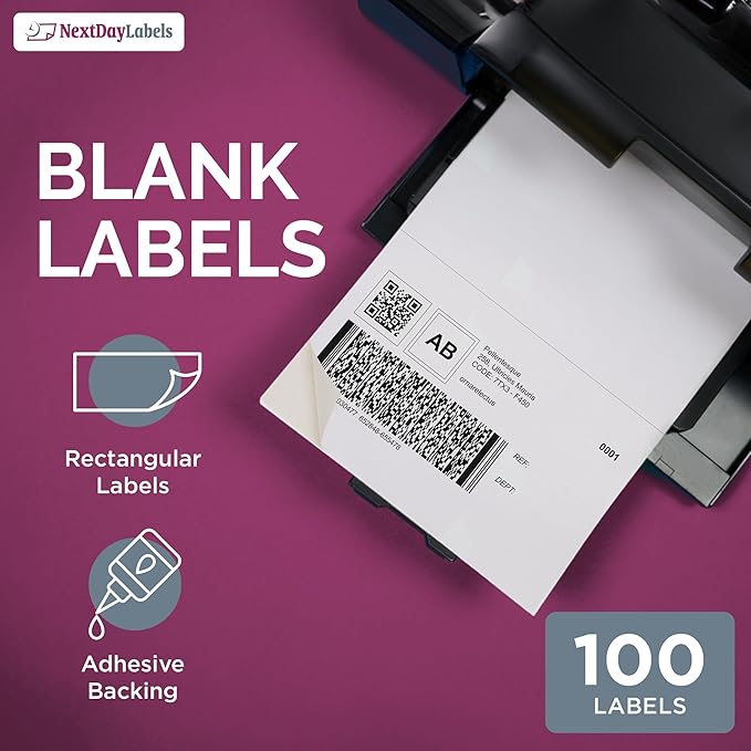 NextDayLabels 8.5x5.5 Half Sheet Stickers White Blank Labels for Laser Inkjet Printer - 2 Per Page Self-Adhesive Shipping Packaging Product Made in USA - 200 Labels