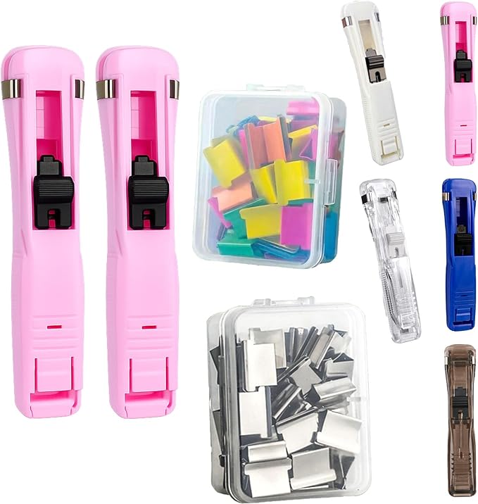 Portable Binder Clip Stapler with 100 Refill Clips,Handheld Paper Clamp Dispenser for Desktop/Document, No-Hole Binding, Home/School/Office Use (Pink,B)