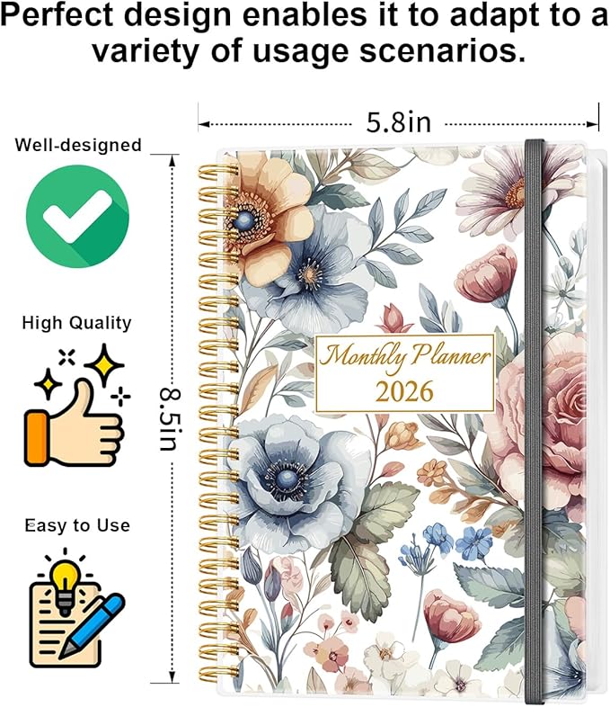 Monthly Planner 2026 - Monthly Calendar from January 2026 to December 2026, 2026 Planner with Inner Pocket, Elastic Band, 5.8" x 8.5", Colorful Large Flower