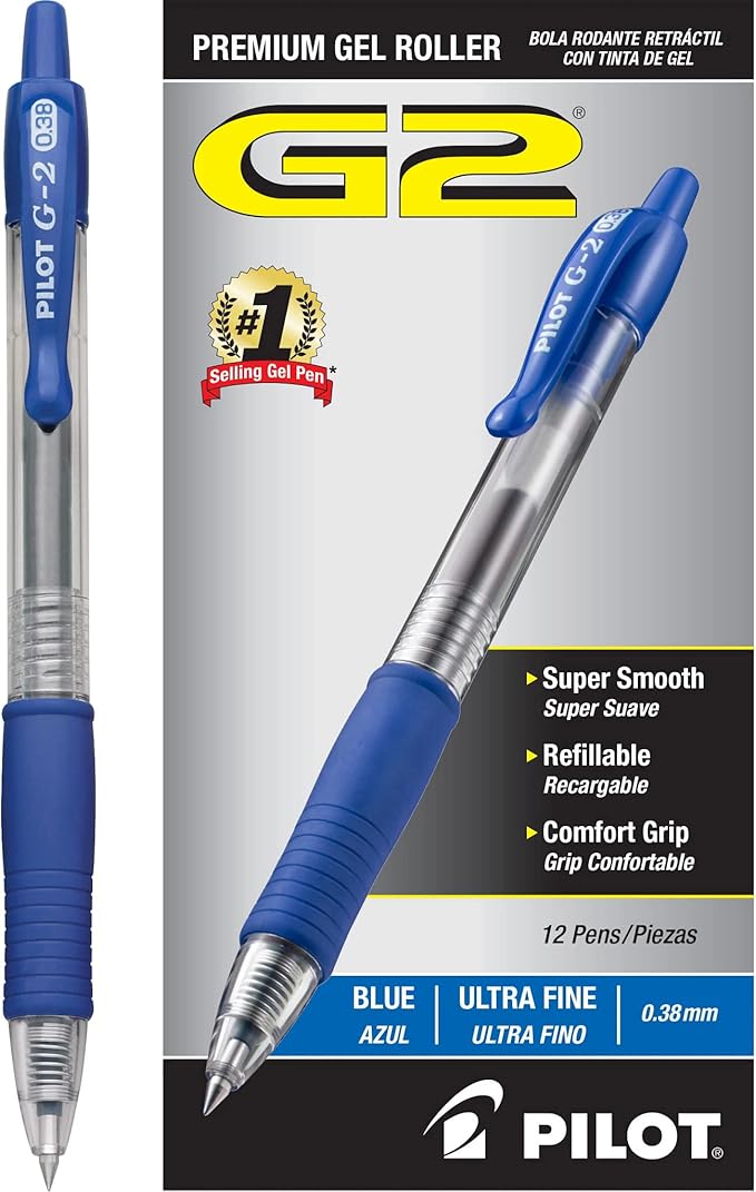 PILOT G2 Premium Refillable & Retractable Rolling Ball Gel Pens, Ultra Fine Point, Blue Ink, 12-Pack (31278)