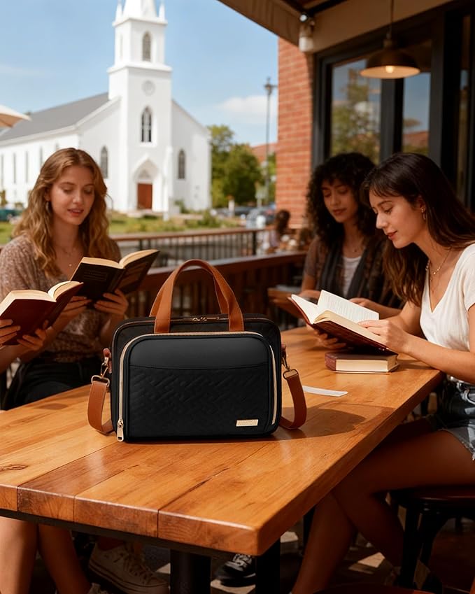 HOTOR Bible Cover - Multi-Pocket Bible Bag for Women Organizer with Bookmark, Portable Bible Case with Handles & Adjustable Shoulder Strap, Useful Gift for Work, Commute, 13.4'' x 4.7'' x 9.8'', Black