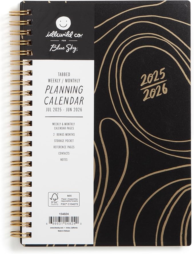 Blue Sky Idlewild 2025-2026 Weekly and Monthly Academic Year Planner Calendar, July 2025 - June 2026, 5" x 8", Flexible Cover, Wirebound, Laminated Tabs, Storage Pocket, Black Swirl