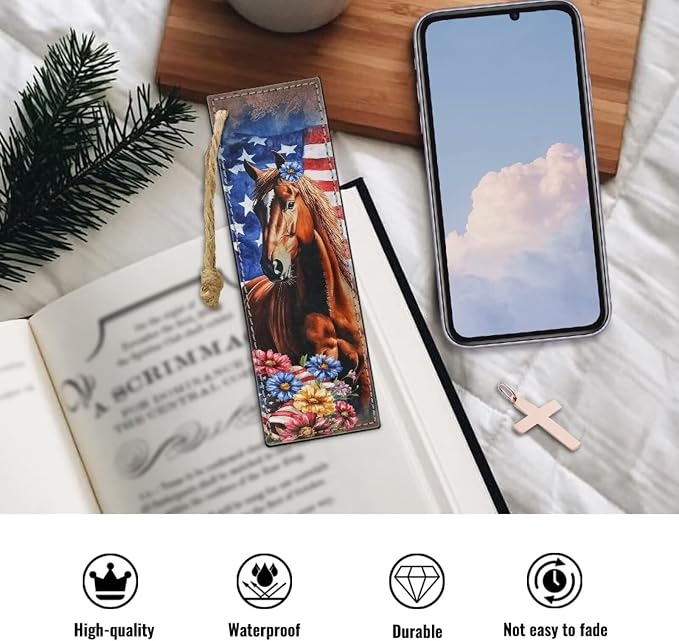 Bookmark 2 PCS Leather Bookmarks for Women, Men, Book Lovers Horse American Flag Flower Page Markers for Students Teachers Reading Bookmarks Accessories for Book Lovers