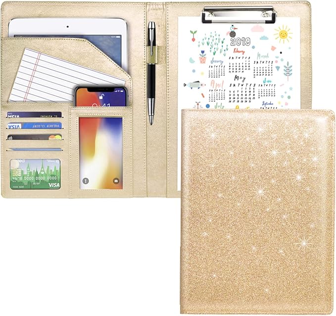 WAVEYU Glitter Portfolio Case, Bling Padfolio Cover for Women, Conference/Resume/Legal Document Organizer with Letter/A4 Size Clipboard Hardboard, Business Card Holders, Champagne