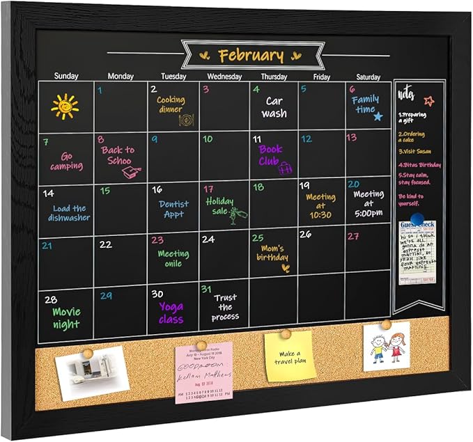 TORASO Magnetic Chalkboard Calendar Corkboard, Small Combination Chalk Board Bulletin Board, 13" x 17",Black Wood Framed Blackboard Calendar Cork Combo Board(ZHHB-BK-3343)