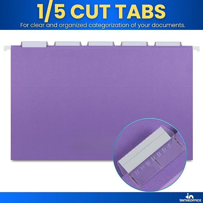 1InTheOffice Legal Size Hanging File Folders, File Folders Hanging with Tabs, Colored Hanging File Folders, 5 1/5 Cut Tab, Reinforced, Assorted Color, 25 Pack