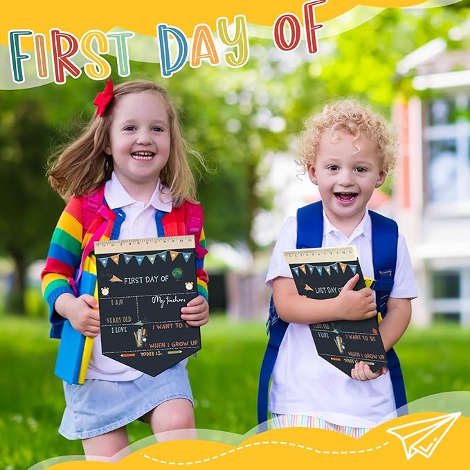 First and Last Day of School Chalkboard Rainbow First Day of School Sign 13.8 x 10 Inch Reusable Double Sided Sign for Graduation Kids Preschool Kindergarten(Pencil Style)