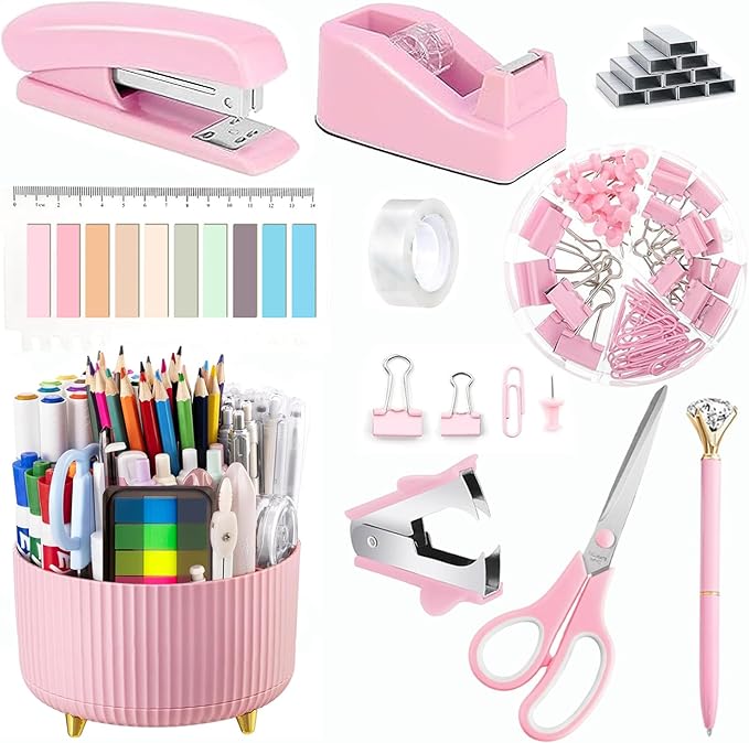 Office Supplies,Pink Desk Accessories,Office Supplies Set,Desk Organizer,Stapler,Tape Dispenser,Scissors,Staple Remover,Binder Clips,Staples,Ballpoint Pen,Index Tabs with Ruler,Clear Tape.10pcs