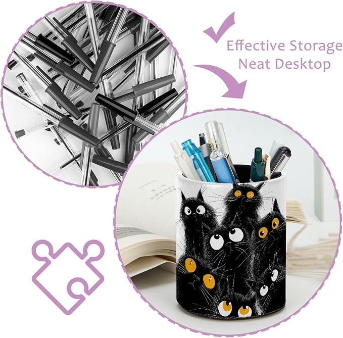 Black Cats Leather Pen Holder for Desk, Multifunctional Desktop Organizer Pencil Cup, Desktop Caddy Stationery Organizer for School Home Office Desk Accessories