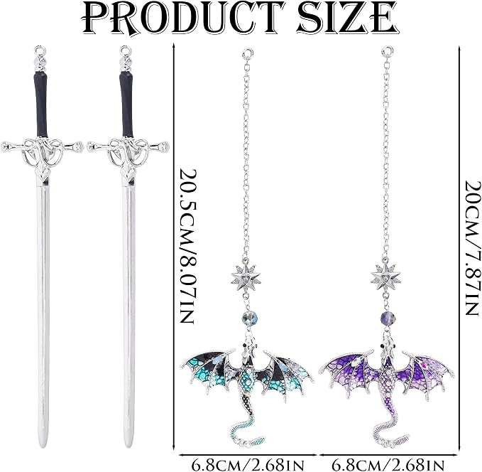 Fantasy Dragon Sword Bookmarks - 2 PCs Cool Metal Book Mark Gifts for Reading Blue Purple Page Maker Merch for Men Boys Kids Novel Fans Lovers Bookish Students Teachers School Accessories