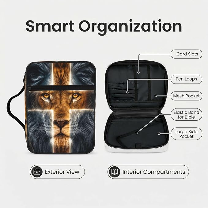 Lion Cross Religious Bible Cover Case Carrying Book Protector Case Bible Study Supplies Accessories Holder Case Christian Gift for Women Men