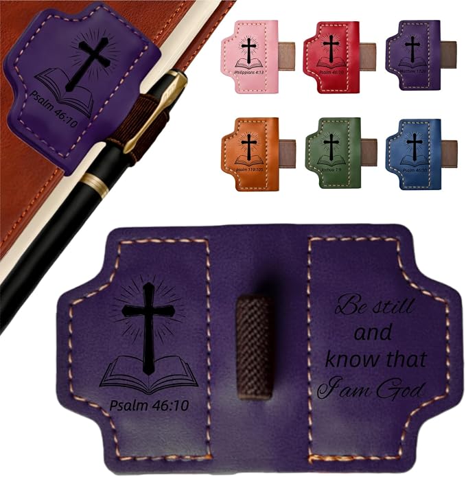 MOTEERLLU Bygone Mark Personalized Magnetic Leather Bookmark Pen Holder, Christian Gifts, Inspirational Bible Book Marks for Reading Women, Men, Teachers, Book Lover(Purple Psalm 46:10)