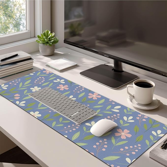 HOMETITUTE Blue Floral Mouse Pad XL Desk Pad 31.5 x 11.8 Inch Large Extended Keyboard Mat Non Slip Computer Mouse Pads Waterproof Desk Mat for Office Home Accessories Gaming Workspace
