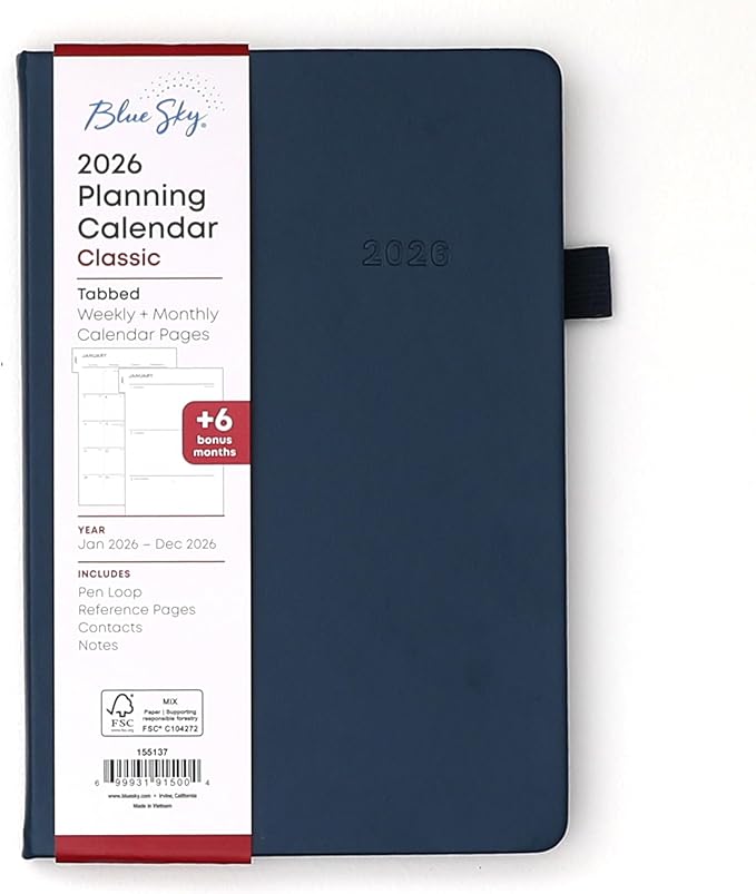Blue Sky 2026 Weekly and Monthly Planner Calendar, January 2026 - December 2026, 5" x 8", Faux Leather Hard Cover, Bookbound, Tabs, Pen Loop, French Navy