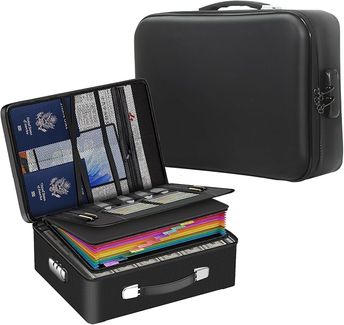 Document Organizer with Lock, Hard-Shell Fireproof and Moisture-Resistant 13-Layer Document Safe, Upgraded Insulation File Folder Organizer, Portable Home Important Document Storage, Black