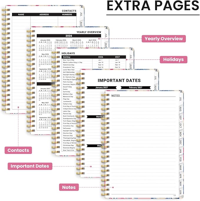 Planner 2026–2027, Academic Planner Weekly and Monthly Calendar Jul 2026 – Jun 2027 Hardcover Planner with Tabs and Pocket, Spiral Bound Agenda Book for Student & Teacher, 6.3" x 8.5", Soft Blossoms