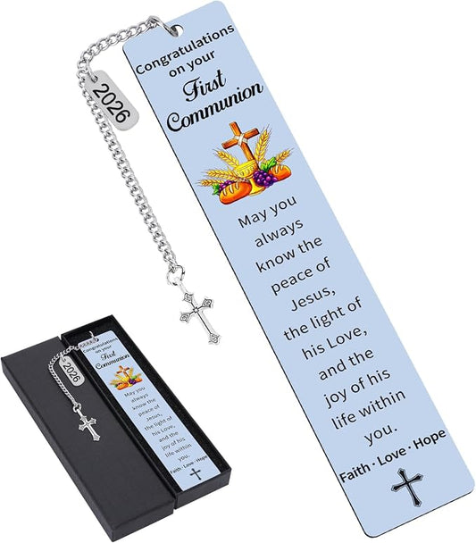 First Communion Bookmark Gifts - 1st Holy Communions Favors for Girls Boys Christian Catholic Metal Book Marks with Cross Favors for Kids Women Men Reading Easter Birthday Accessories
