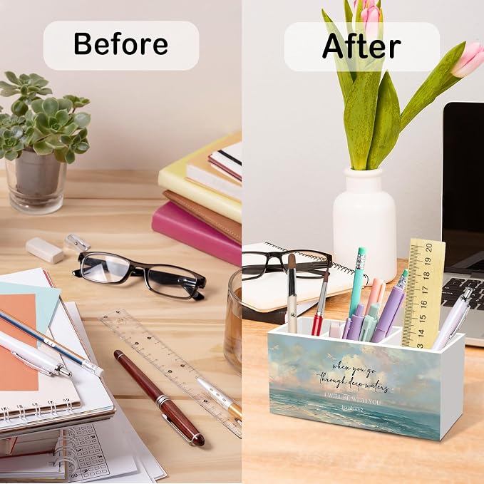 Christian Isaiah 43:2 Pen Pencil Holder Gifts for Women Desk, Beach Summer Bible Office Desk Accessories, Religious When You Go Through Deep Waters Pen Holders Organizer for Bathroom Office