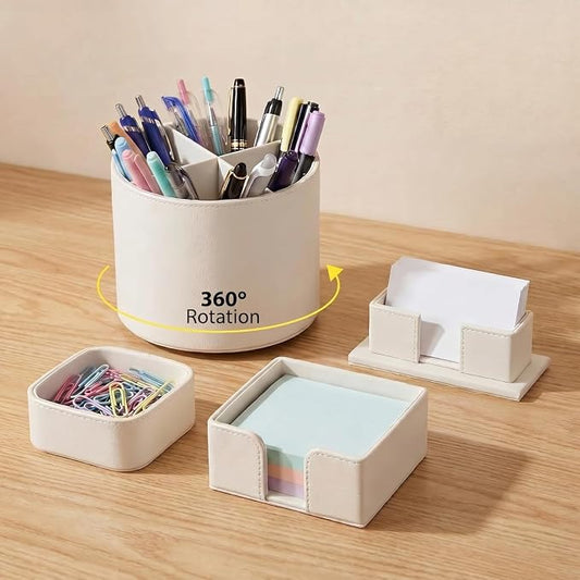 4 Pcs Rotating Leather Pen Holder Organizer Office Desk Accessories Set with Business Card Sticky Note Holder Paperclip Storage Desktop Storage Supply for Teacher Back to School Gift(Beige)