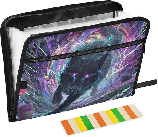 Expanding File Folder Black Wolf Purple Eyes Galaxy Accordion File Organizer 13 Pockets Document Organizer with Zipper Labels A4 Letter Office Storage