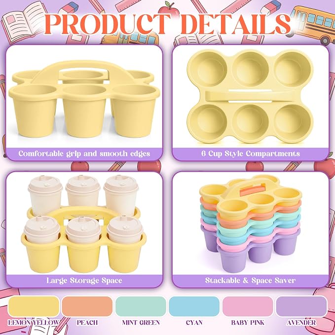 Suclain 6 Pcs Classroom Caddy with Handle Plastic Caddy Organizer with 6 Compartments Drink Cup Caddies Holder Portable Desk Crayon Storage Basket Pin for Teacher Kids Office School(Macaron Color)