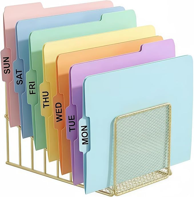 Gold Desk Organizer 7 Slot Inclined Vertical File Folder Holder Sorter with Mesh Front Metal Wire Rack for Mail, Slim Binders, Books Office Organization Desktop Accessories